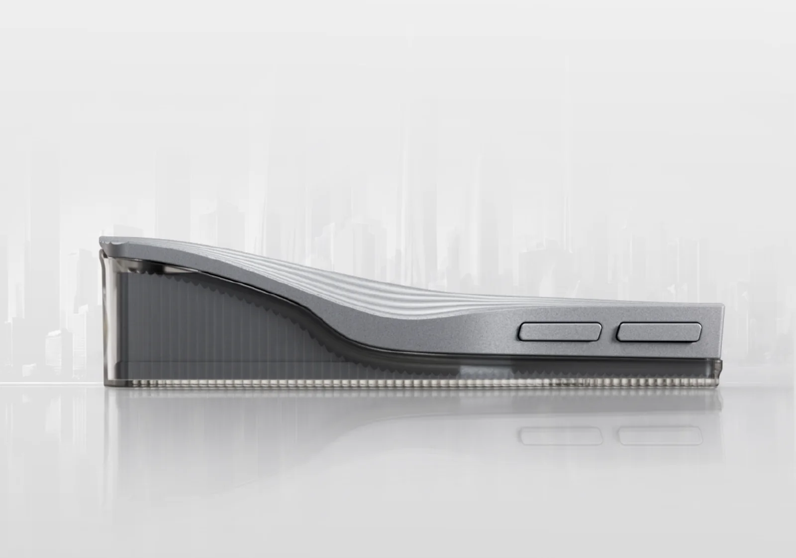 Silver OPERA side profile showing its wave-shaped enclosure